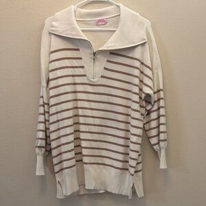 Striped Half-Zip Pullover Sweater in Cream and Tan